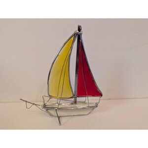 Stained Glass Sailboat Figurine With Yellow & Red Sails Metal Frame
